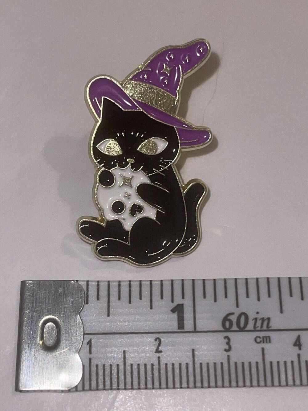 Purple Witch Hat On Black Cat Holding Mystical Skull Pin Brooch